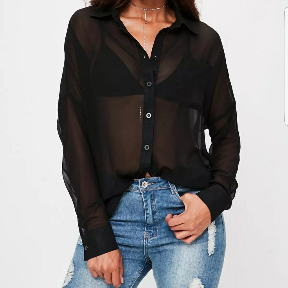 Black Sheer Chiffon Button Up Blouse - Picture 2 of 4
